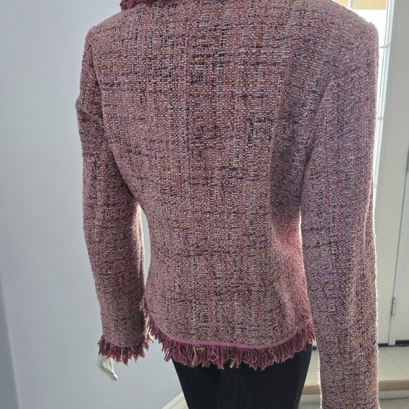 Anne Carson Pink Tweed Fringe Jacket - Silk Blend Boucle Blazer - Picture 2 of 4